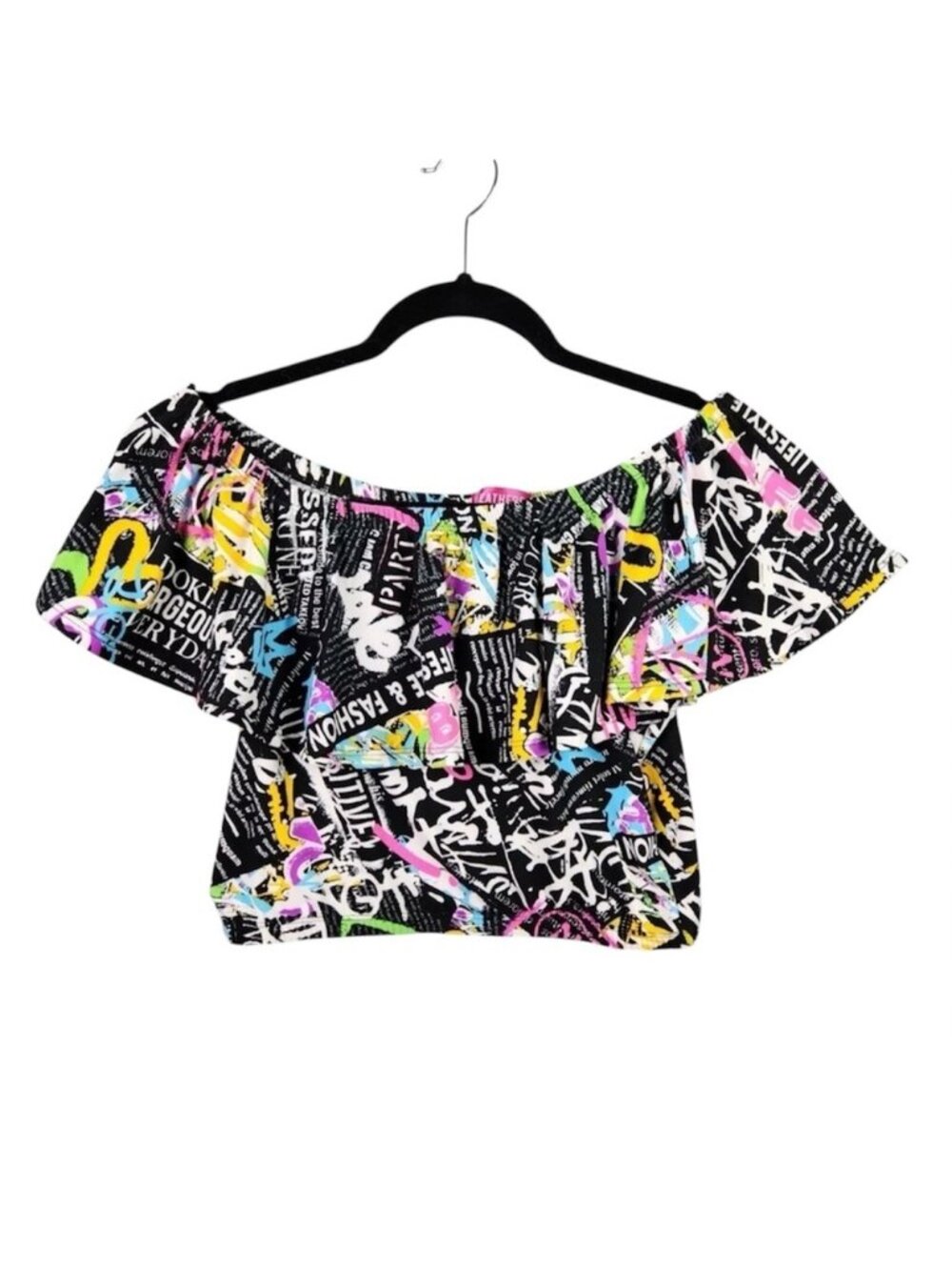 Off The Shoulder, Rainbow Graffiti Art Flowy CropTop, Going Out, Sz Med EUC